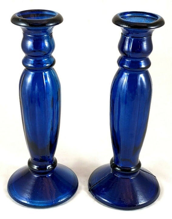 COBALT BLUE GLASS CANDLESTICK HOLDERS MARKED GAO MI