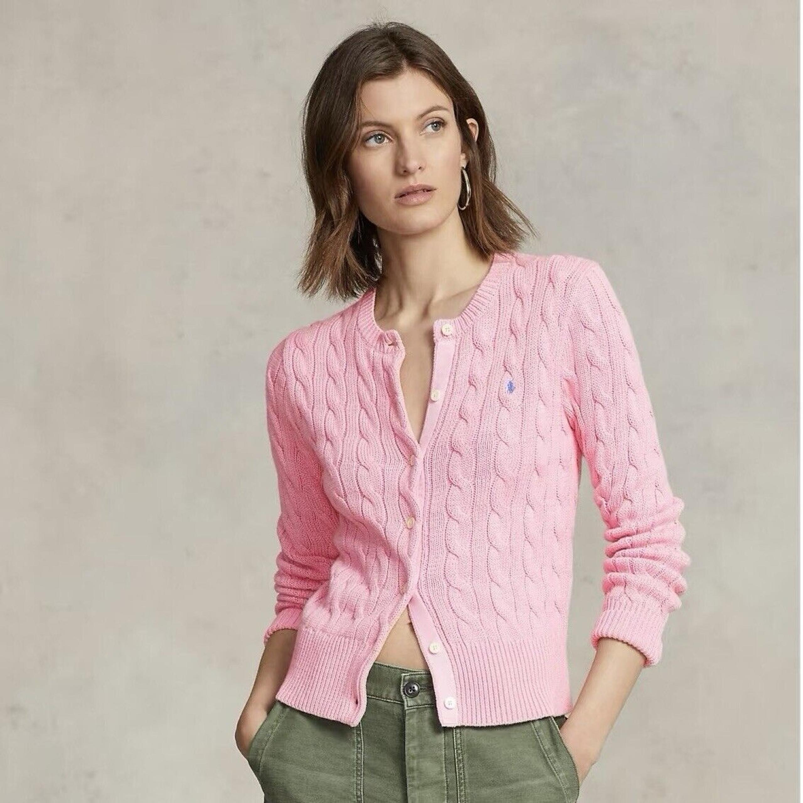 NEW Polo Ralph Lauren Women 100% Cotton Cable Knit Cardigan Sweater Pink Medium