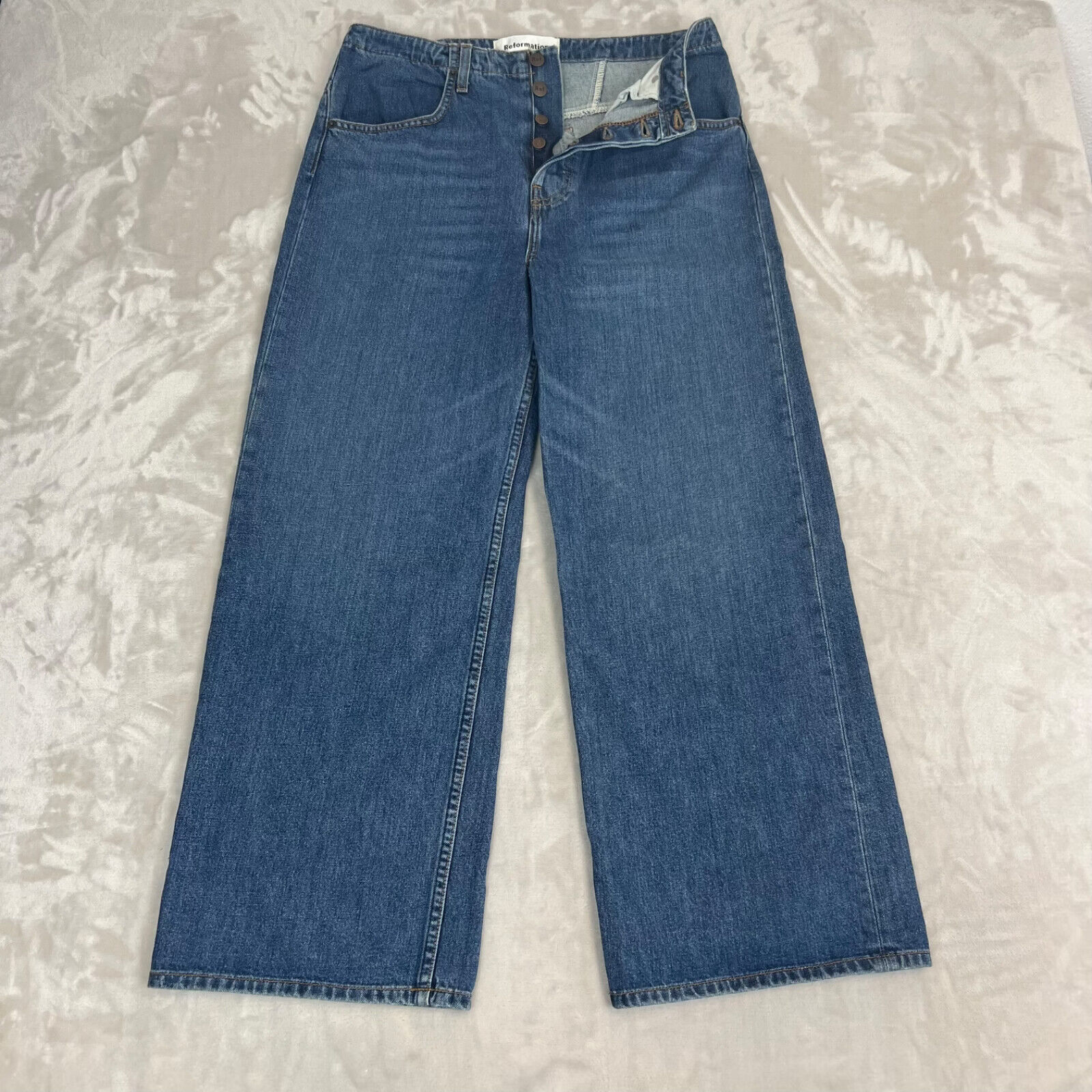 Reformation Jeans Womens 30 Blue Denim Louise Jean Wide Leg Crop Button Fly