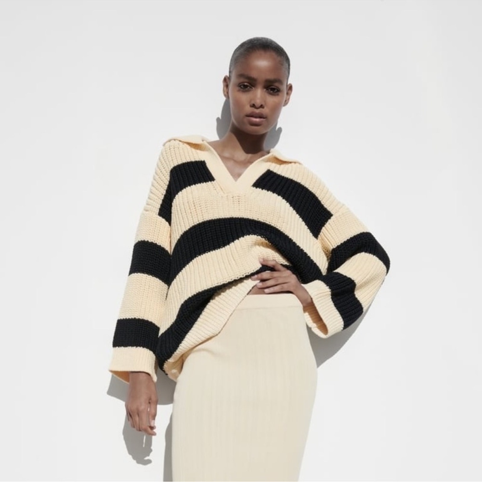 Zara Cream and Black Chunky Oversized Sweater