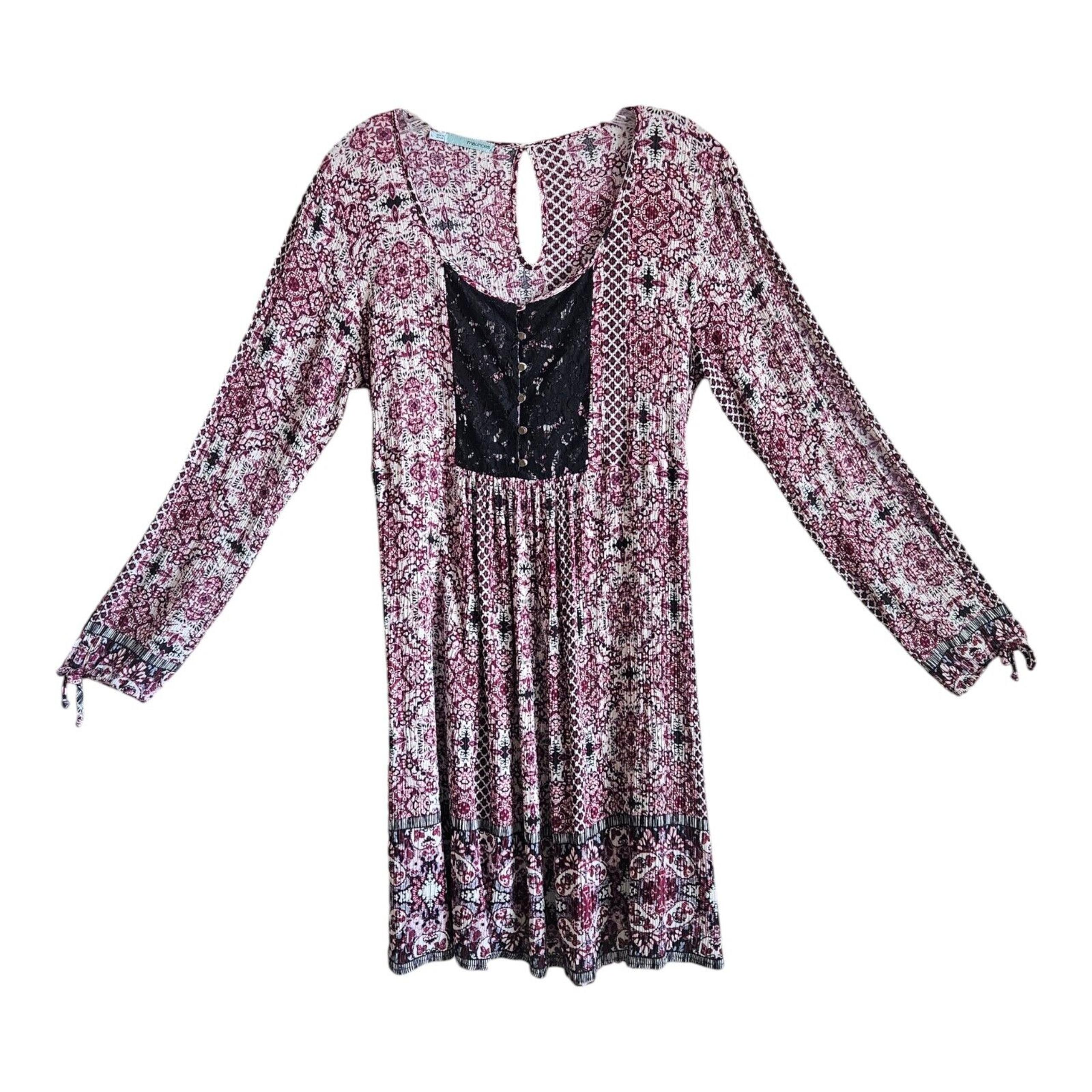 MAURICES Women's L Peasant Dress Buttons Lace Yoke Split Long Sleeve Above Knee