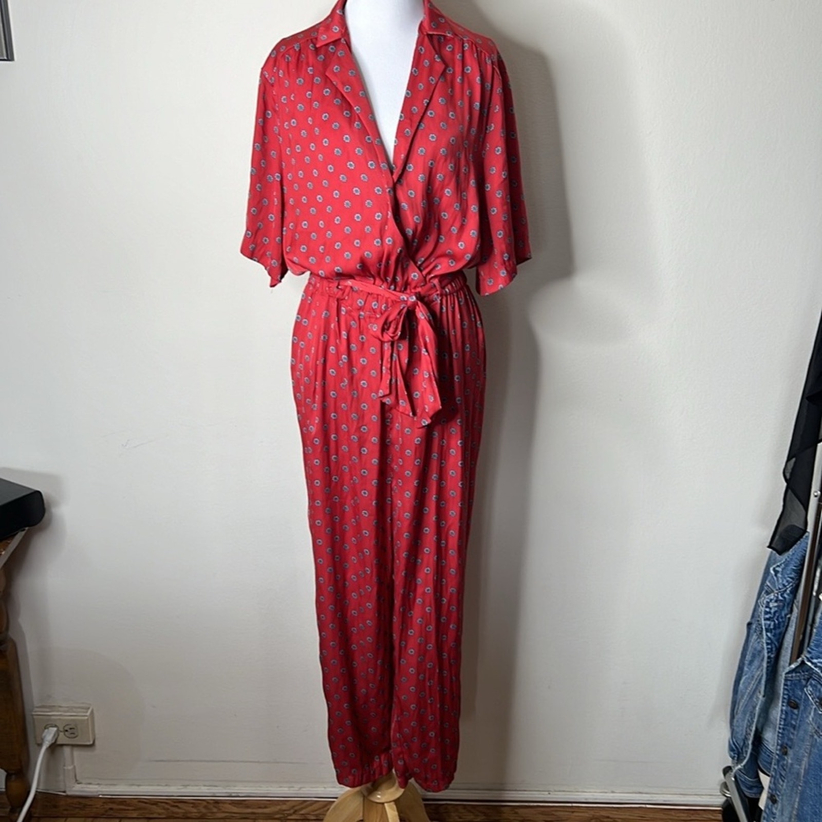 Urban Outfitters Bezel Red Wrap Belted Jumpsuit