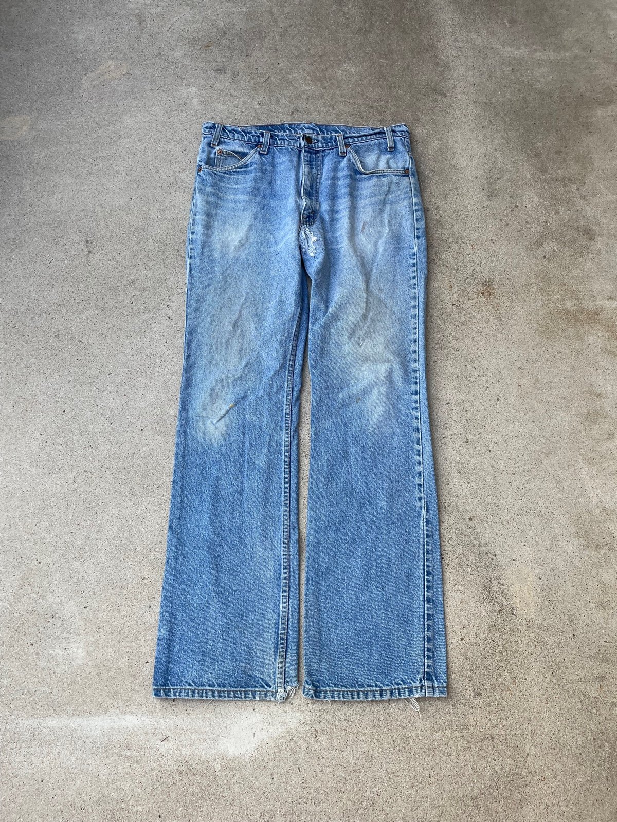 Vintage 80s Levis 517 Orange Tab Flare Bootcut Distressed Patched Jeans sz 35x33