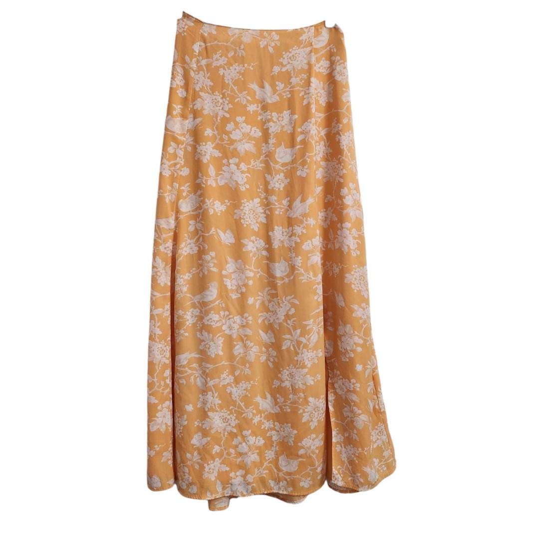 Abercrombie Skirt XS Faux Wrap Midi High Slit Orange Floral Flowy Boho Elevated