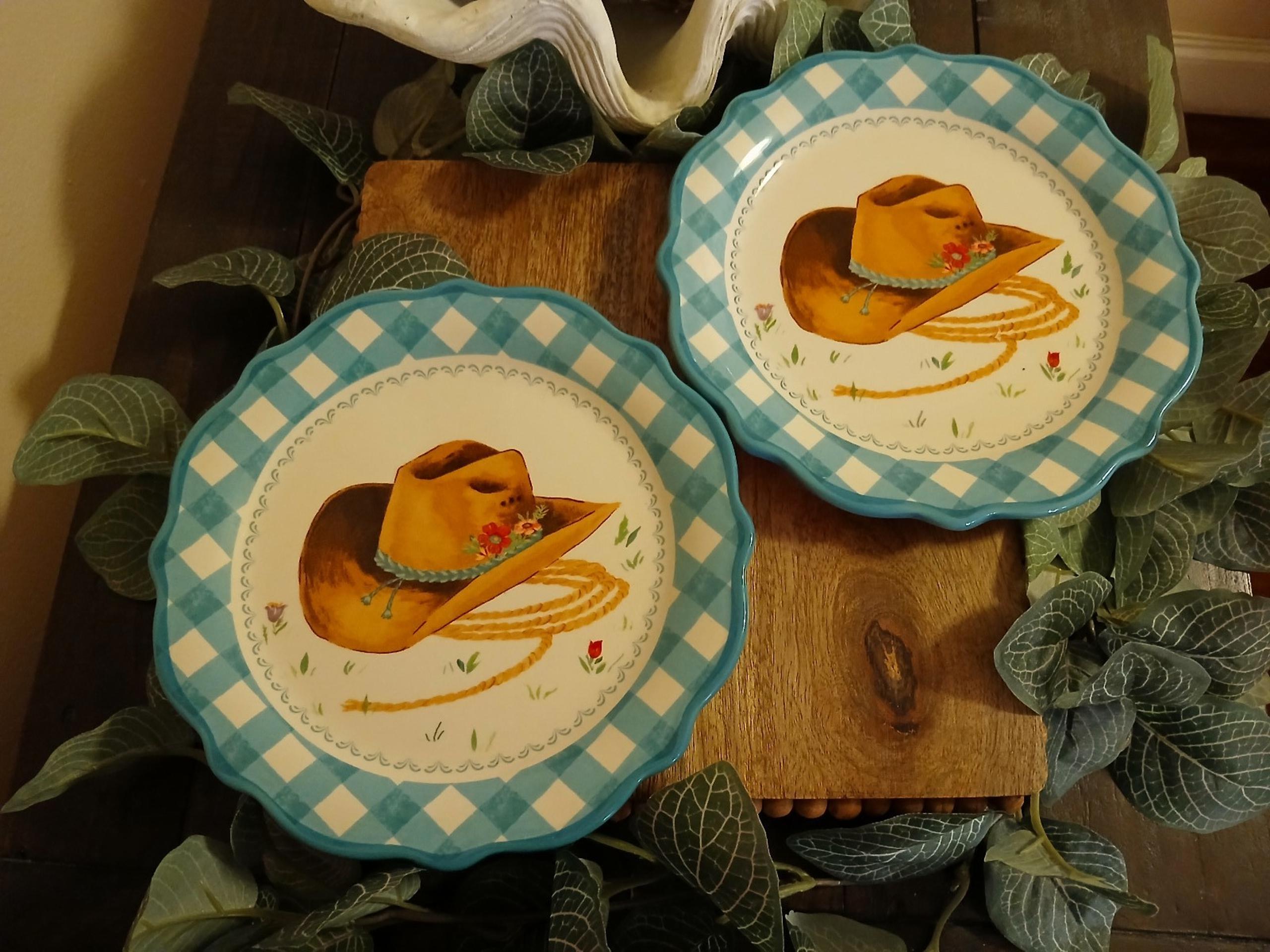 Pioneer Woman Turquoise Gingham with Cowboy Hat Appetizer Plates