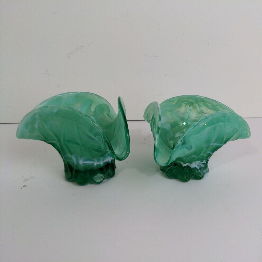 Set of 2 Hand blown Glass Candle Votive Holder Jade/ Green Marbled Beautiful
