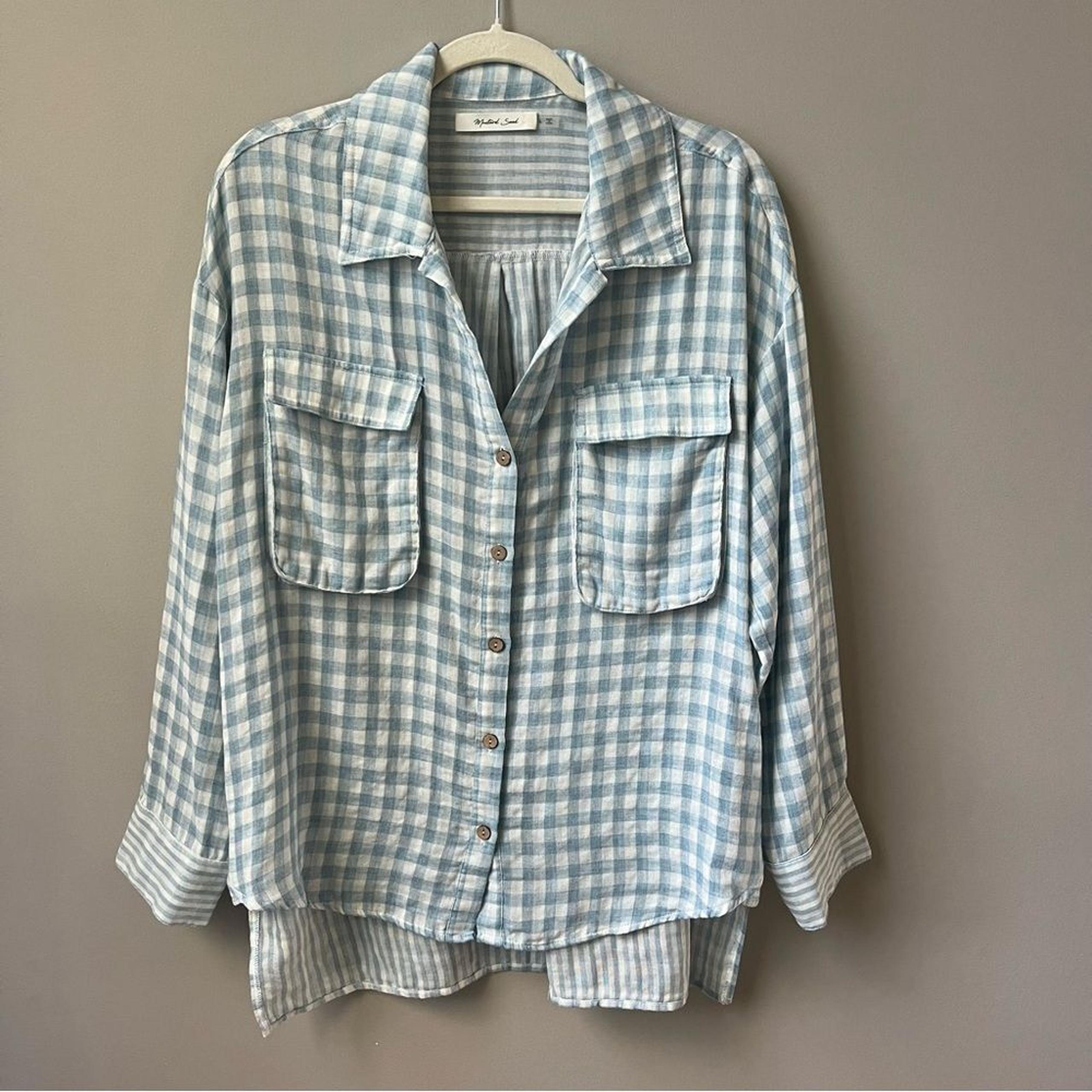 Mustard Seed Blue & White Gingham Plaid Tunic Topic Women's Size L Large Cotton