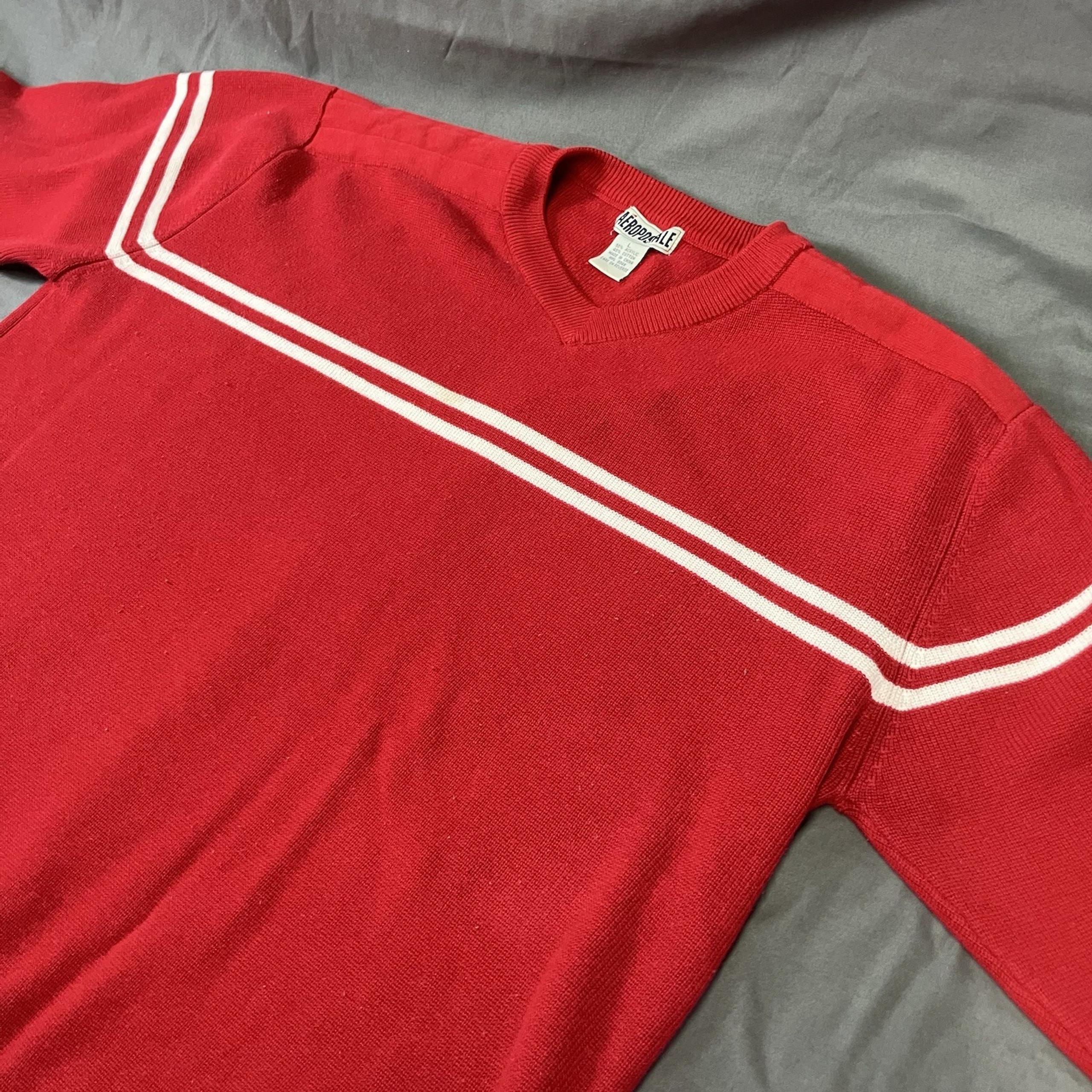 Vintage Aeropostale Pullover Sweater / Red White / Striped V-Neck /Mens L / Flaw