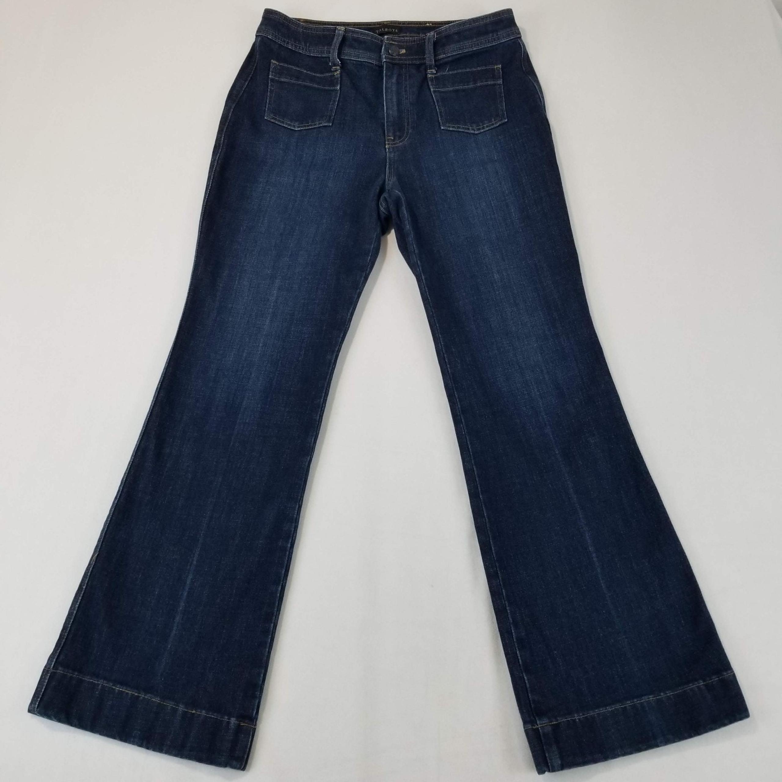 Talbots Jeans Womens 10P Blue Flare Leg Patch Pockets Dark Alice Wash Petites