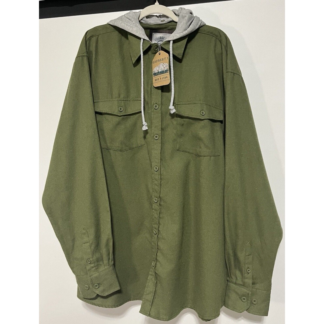 Men’s Gioberti Army Green Flannel Shirt With Removable Hoodie XXL NWT