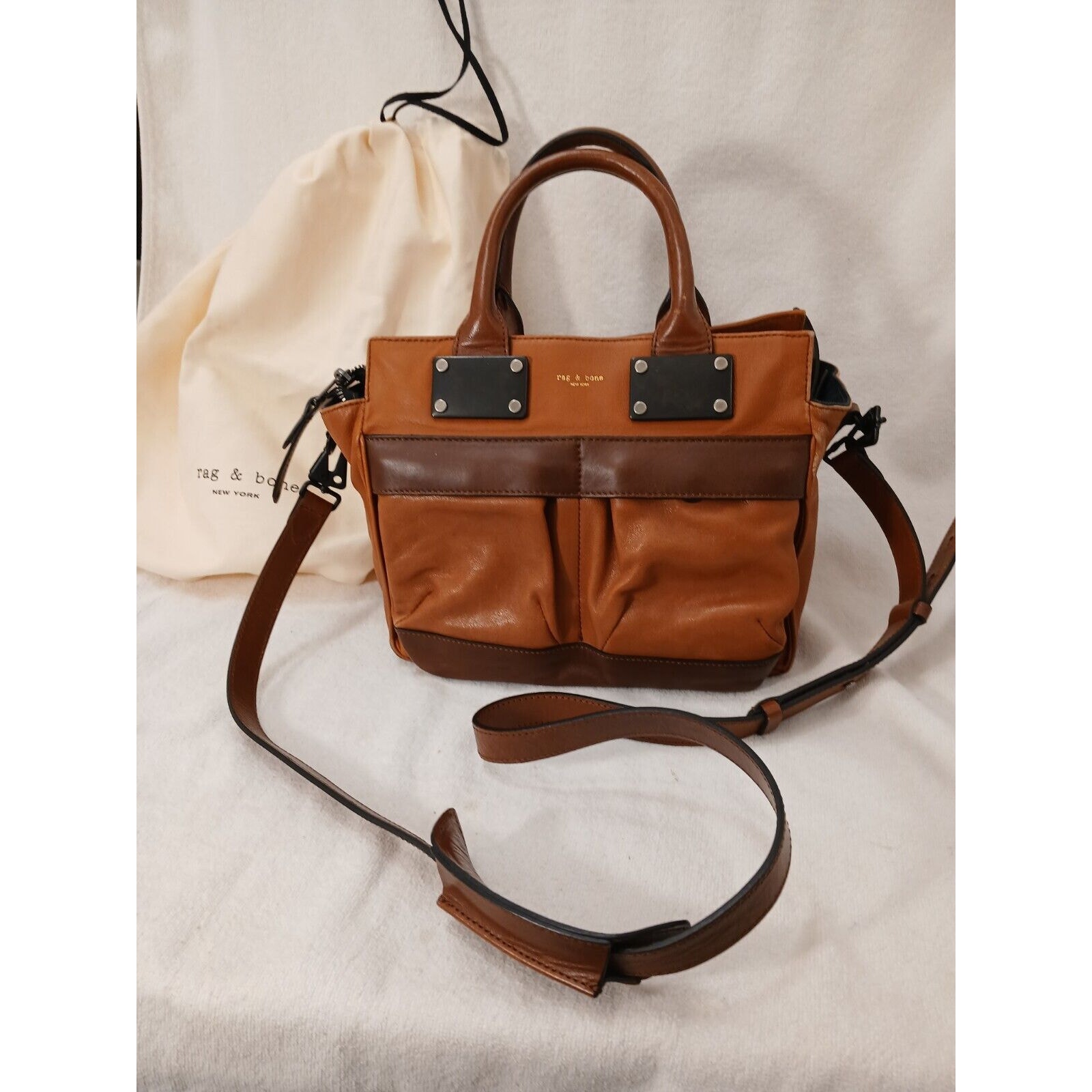 Rag & Bone Handbag Leather Brown Boxy Square Shoulder Strap Dustbag Modern 950
