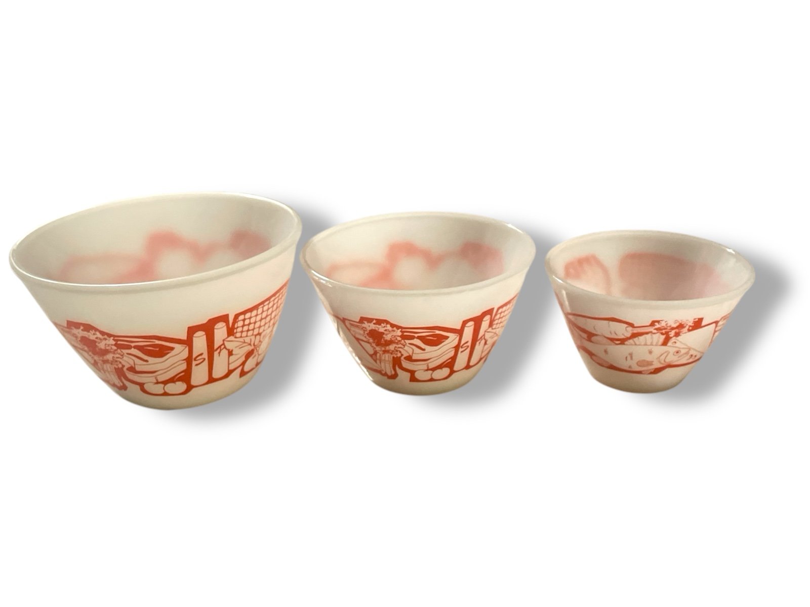 Vtg RARE Hazel Atlas Scalloped Rim Red Milk Glass Nesting Mixing Bowls
