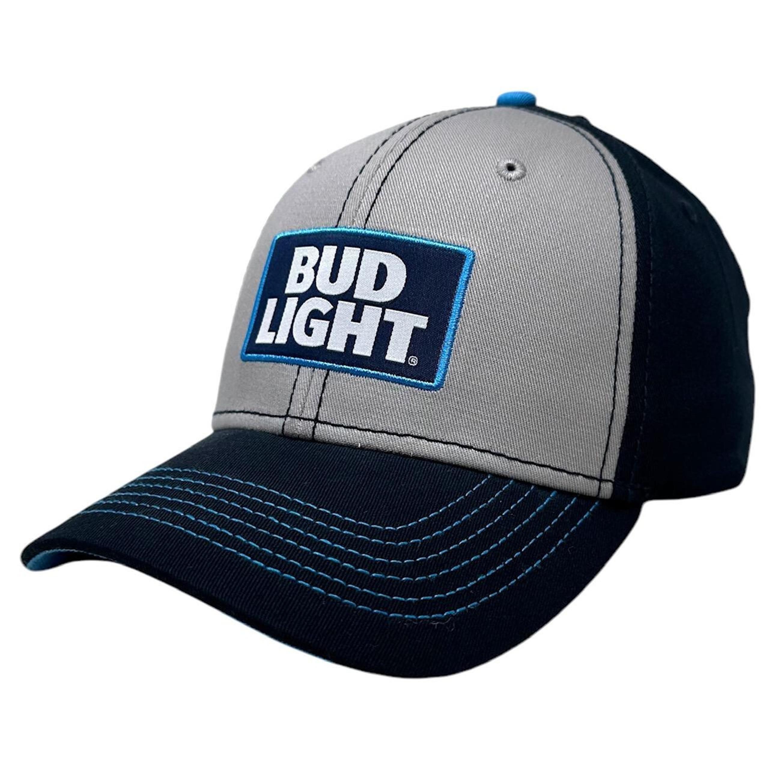 Budweiser Bud Light Beer Men's Snapback Hat Embroidered Trim Patch Navy Grey Cap