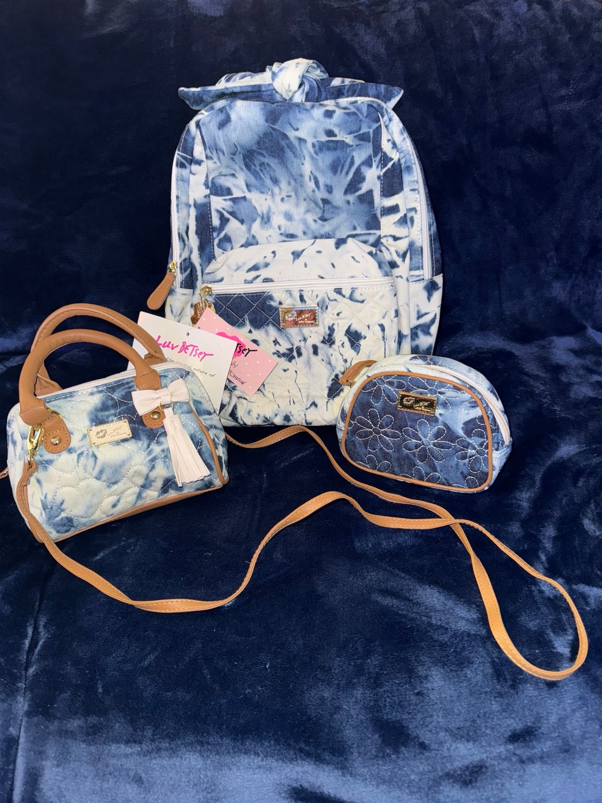 Denim Betsey Johnson Backpack Purse Cosmetic Bag Set New with Tags