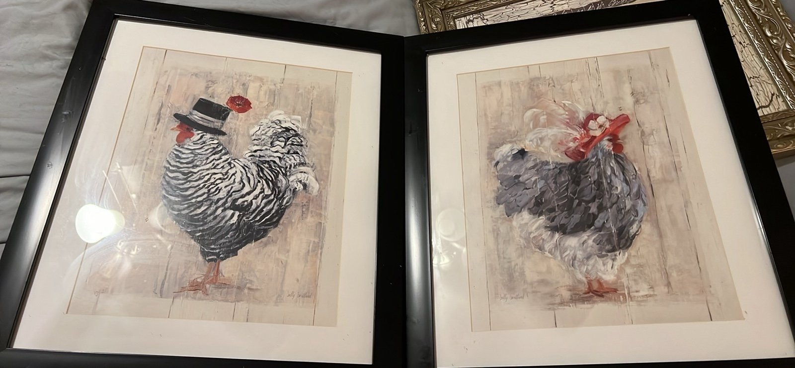 2 Framed and Matted Chicken Prints