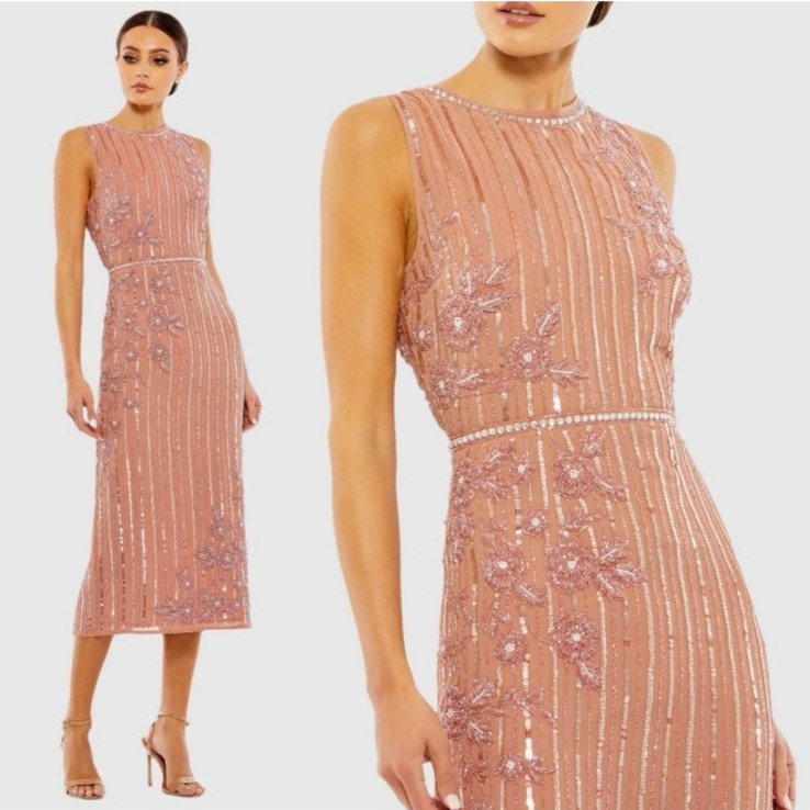 Mac Duggal Size 16 Striped Floral Beaded Pink Midi Sleeveless Dress Rose 298