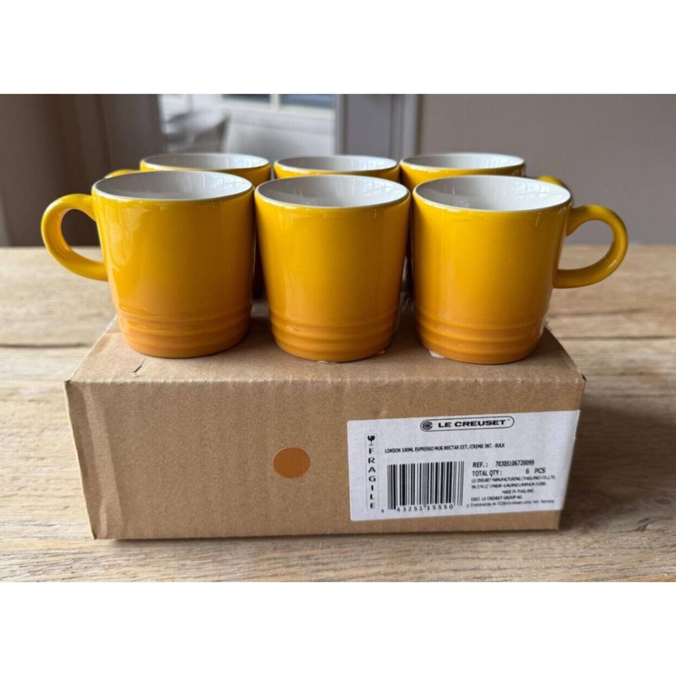 Le Creuset Stoneware Set of 6, 3 oz London Espresso Mugs Nectar Yellow NEW