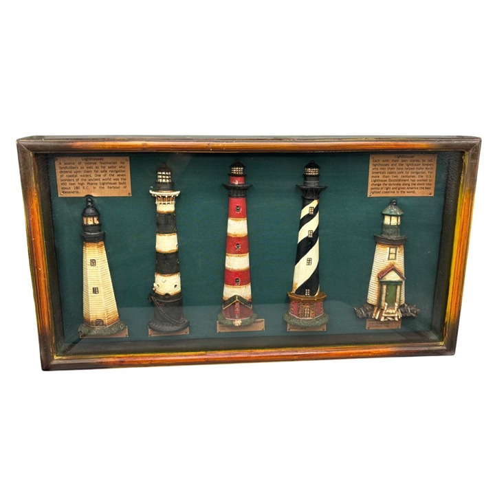 Framed Nautical Lighthouse Figurines Shadowbox Display Case Beach House Decor