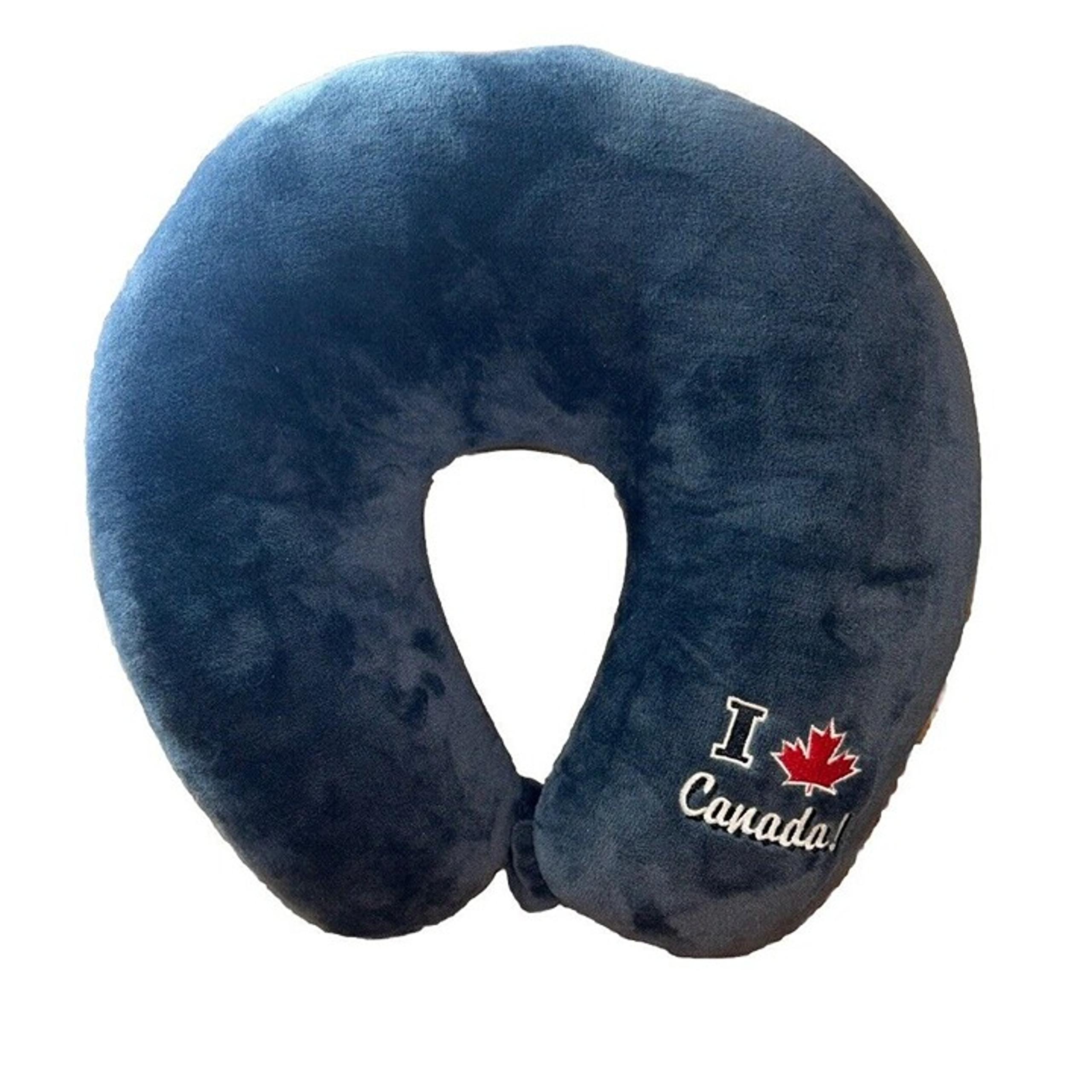 Microfiber Neck Travel Pillow "I Love Canada" Embroidered Maple leaf Blue gray