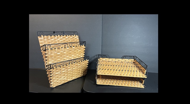 Matching Vintage Woven Wicker Metal Wall Letter Caddy & Desk File Organizer