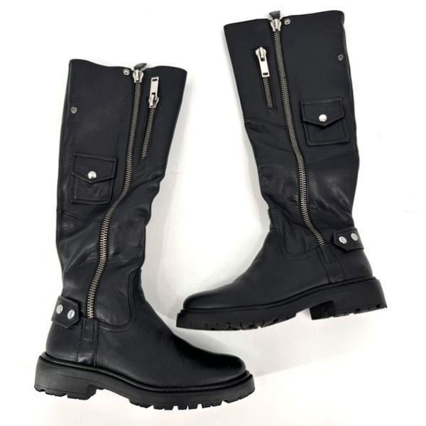 NWOT Sam Edelman Lacy Black Leather Motorcycle Boots Size 5.5 Zippers Moto knee