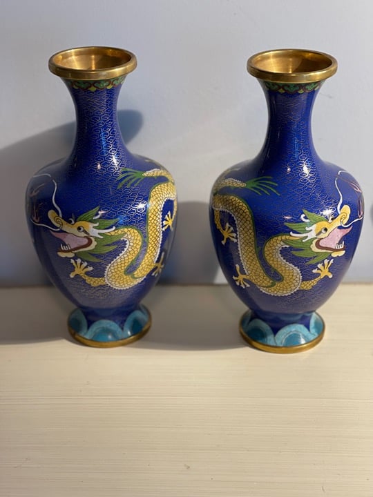 Two Absolutely Stunning Vintage Cobalt Blue Cloisonne Vases With Dual Dragons
