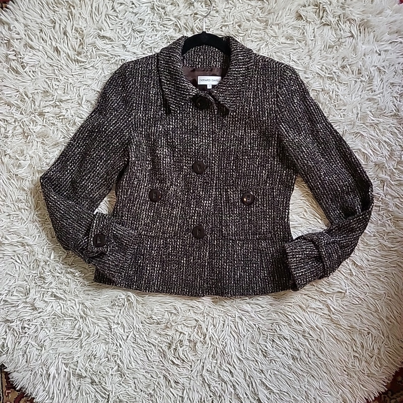Gerard Darel Wool Blend Tweed Boxy Blazer Jacket Ladylike Retro Vintage Brown