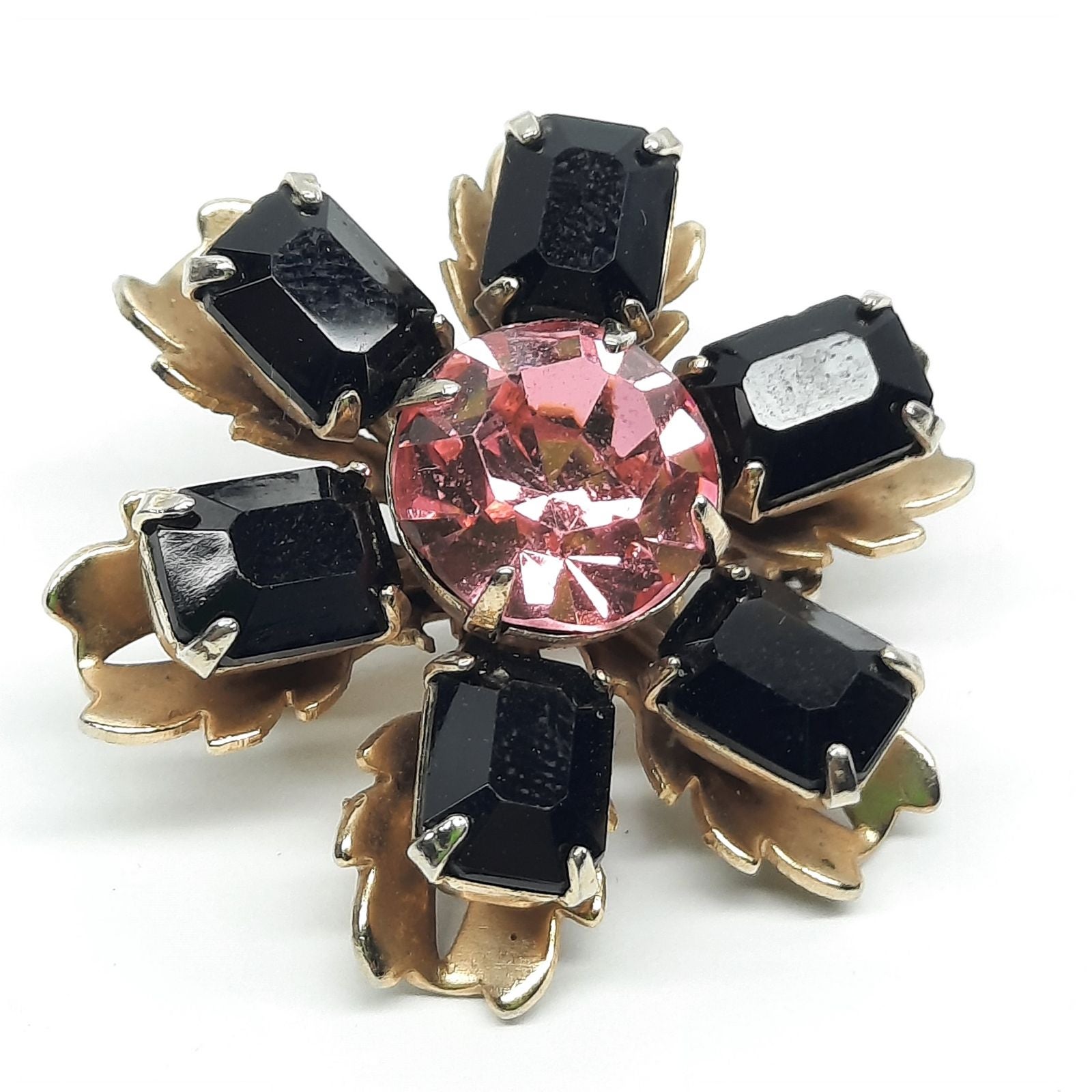 Black & pink stone brooch flower pin