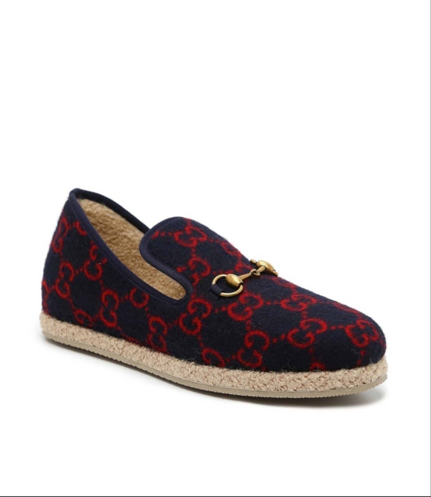 GUCCI Blue RED LOGO PRINT Wool FRIA HORSEBIT LOAFERS