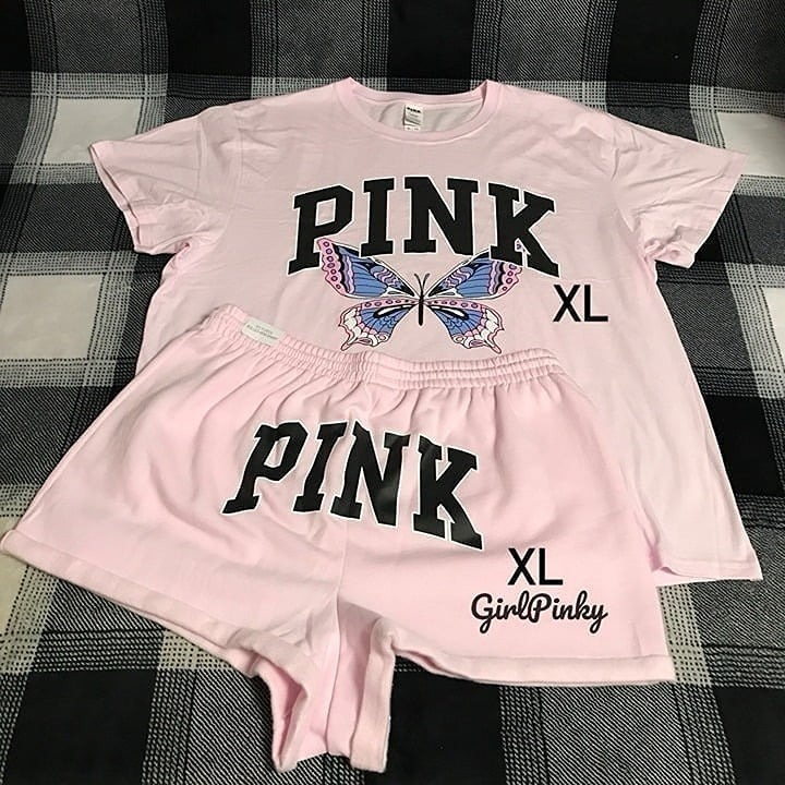 VS PINK shorts OUTFIT & CAMPUS TEE LIMITED EDITION PINK TULLIP BUTTERFLY SIZE XL