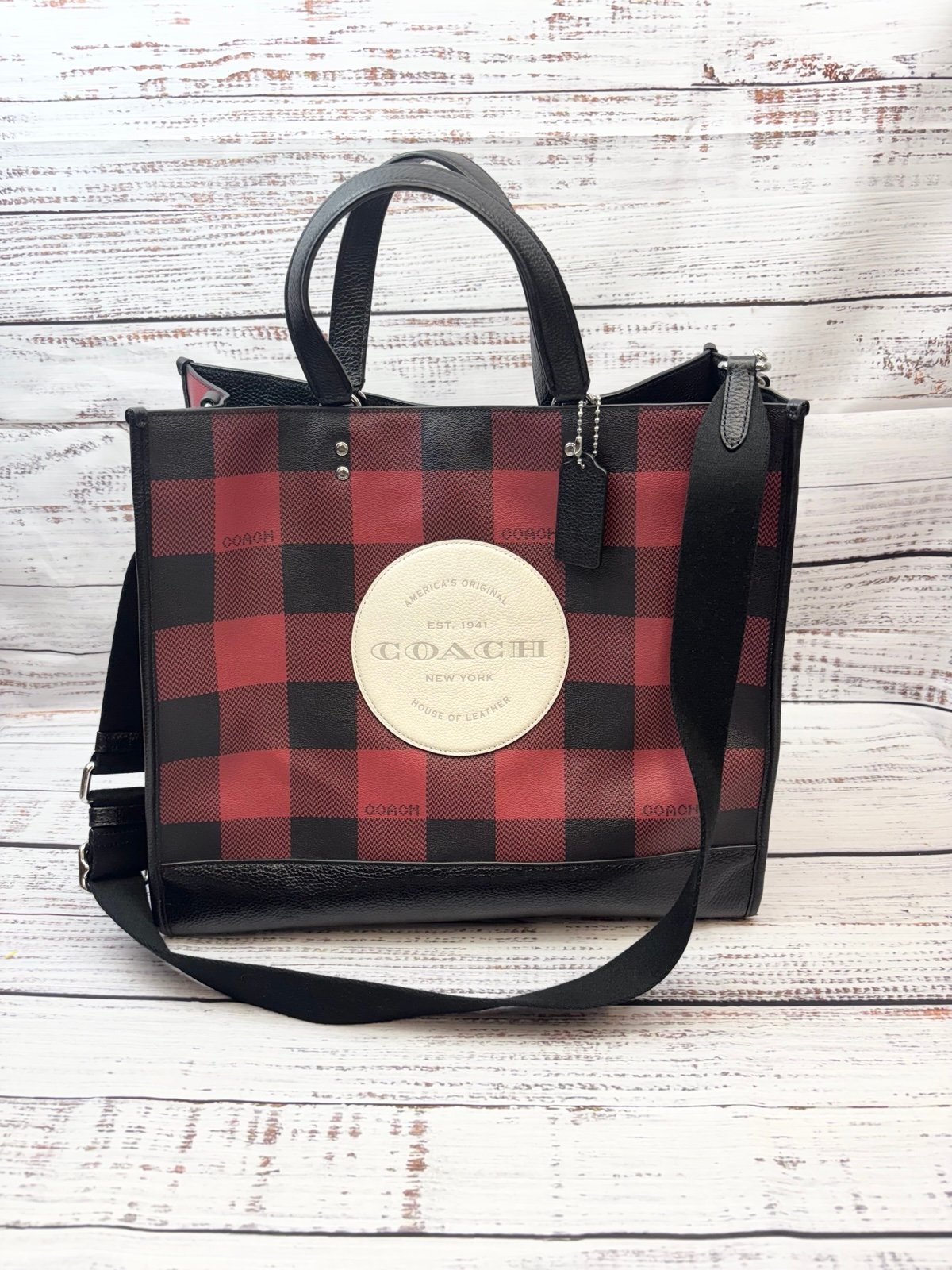 COACH Dempsey Red and Black Buffalo Check XL Tote Travel Work Bag