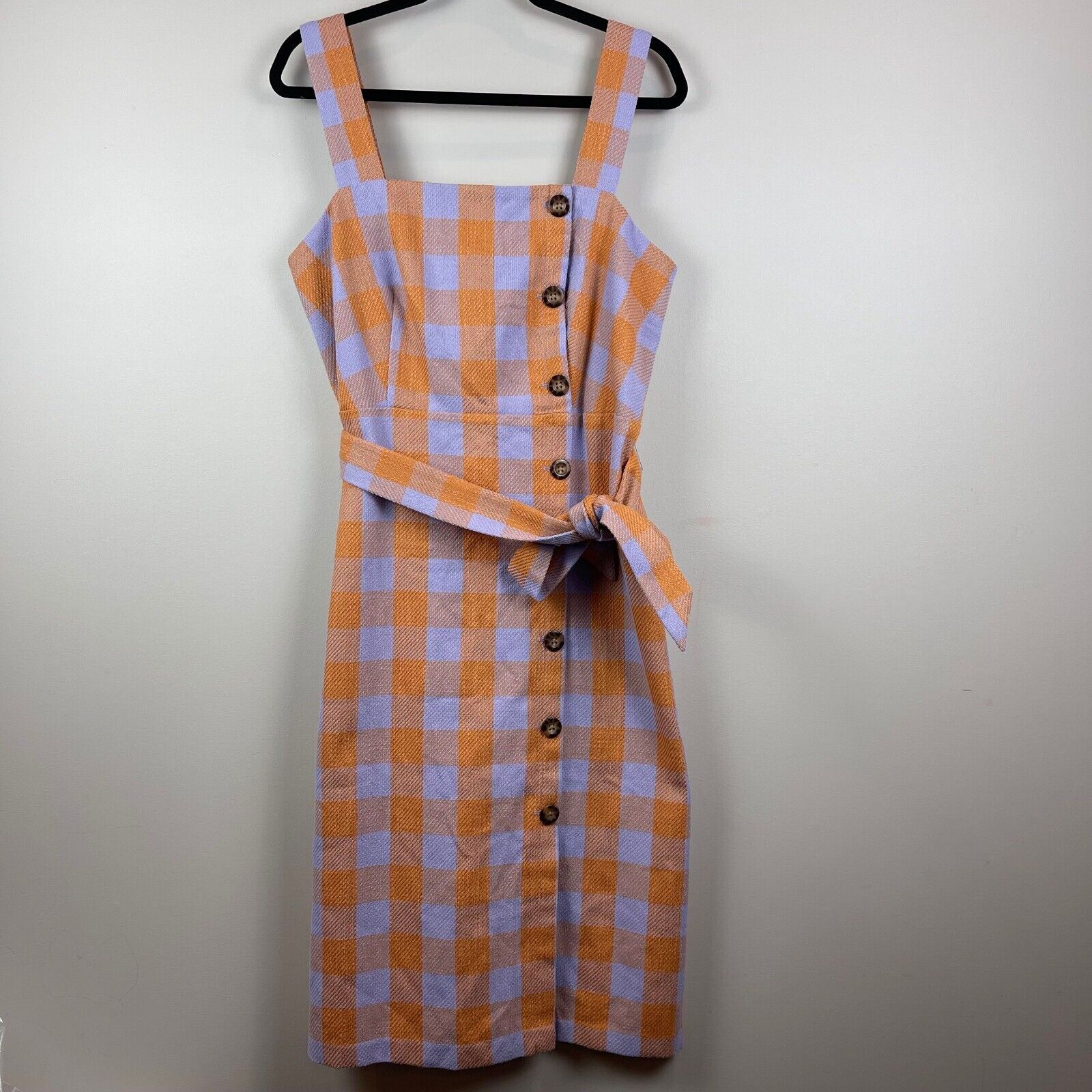 Ann Taylor Dress Women 10 Orange Purple Gingham Square Neck Button Retro NWT