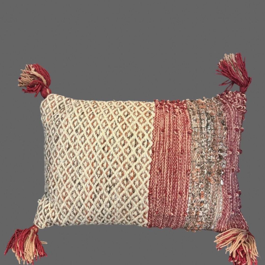 Lge Wool Pillow Cover 24x16 Ethnic Boho Sofa Lumbar Cushion Red India Turkey