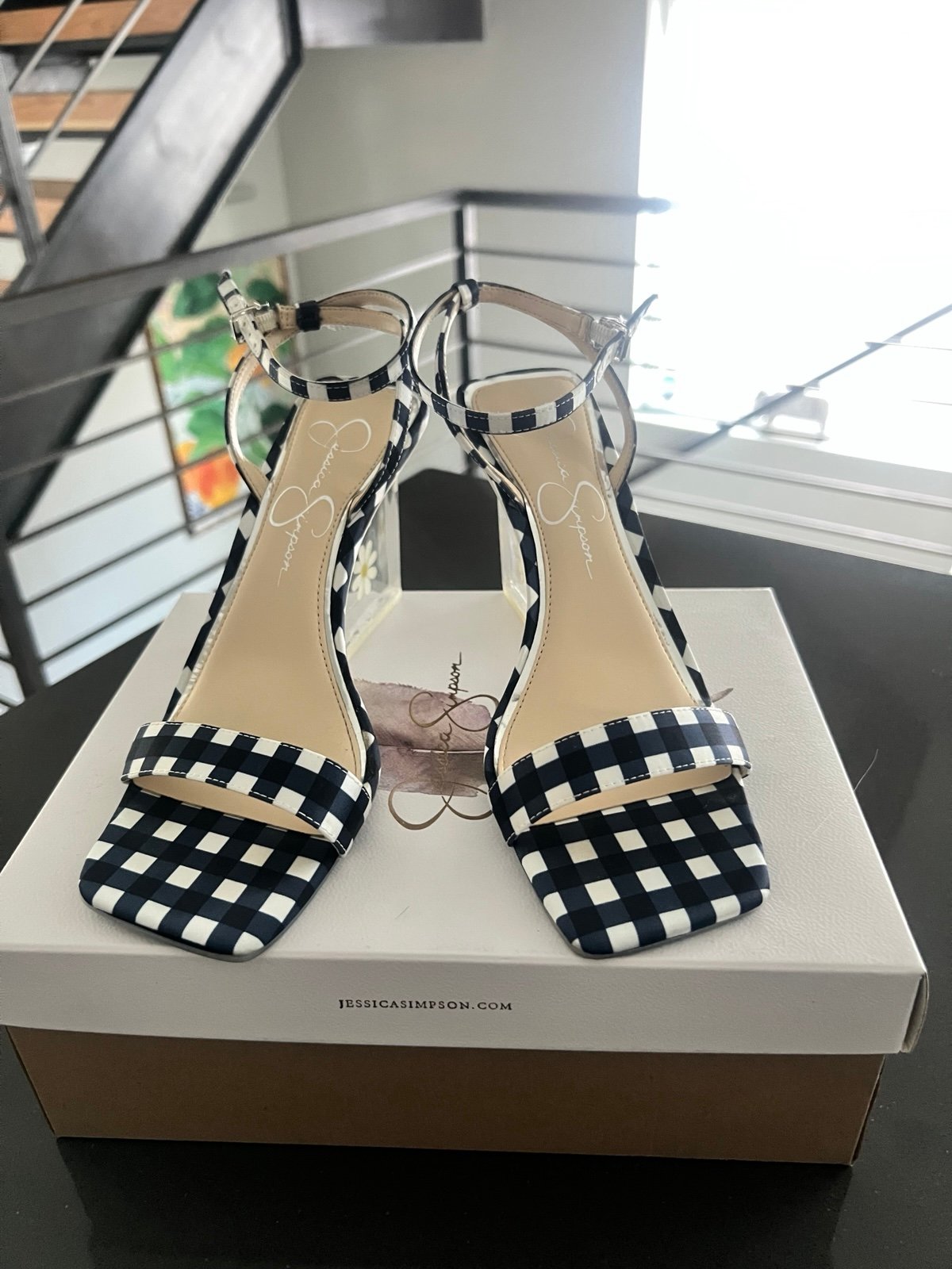 Jessica Simpson Daisy Wedges Aysie Navy Blue Gingham