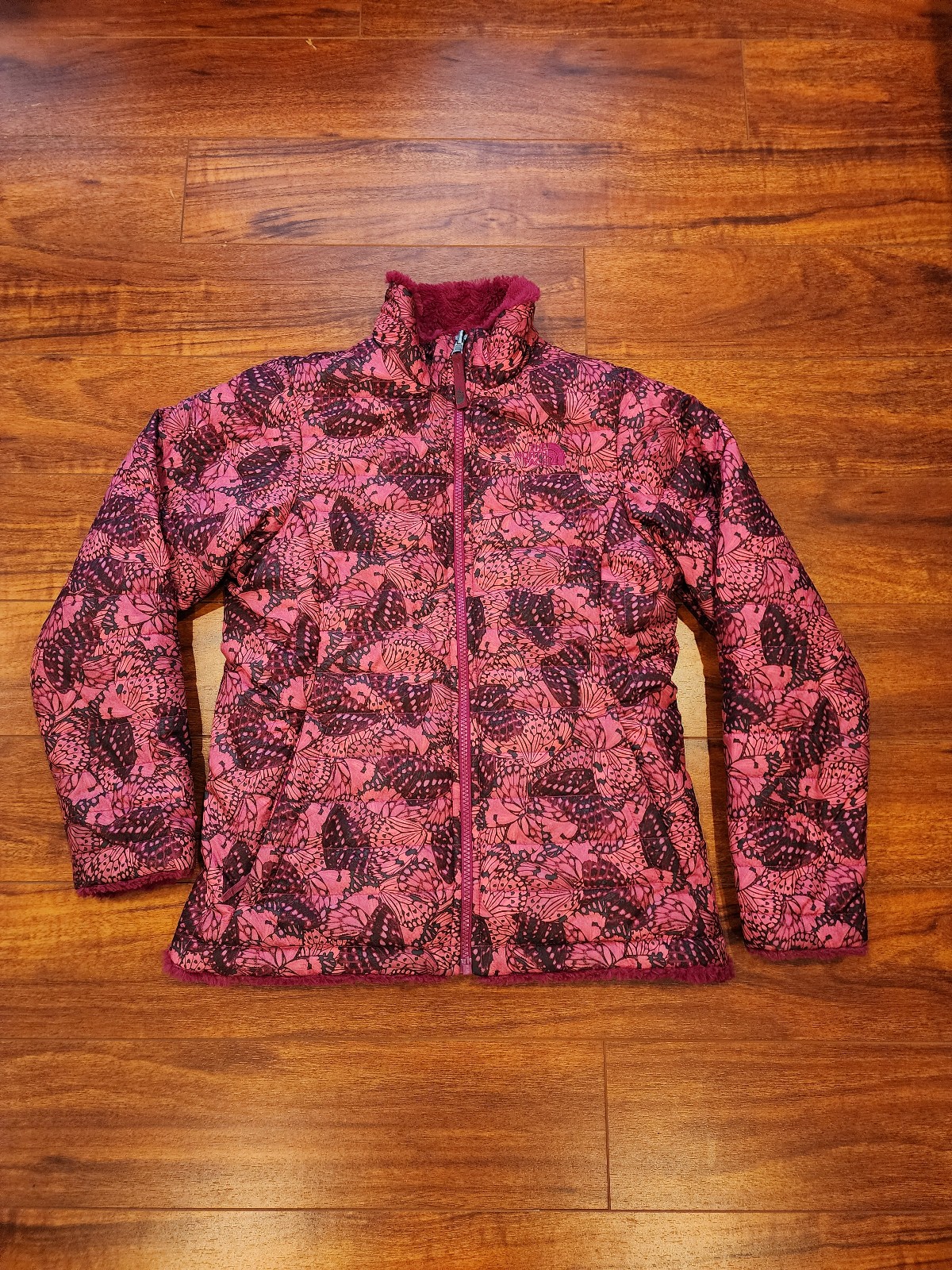 The North Face Pink Butterfly Reversible Fuzzy Coat Jacket Girl's Size L (14/16)