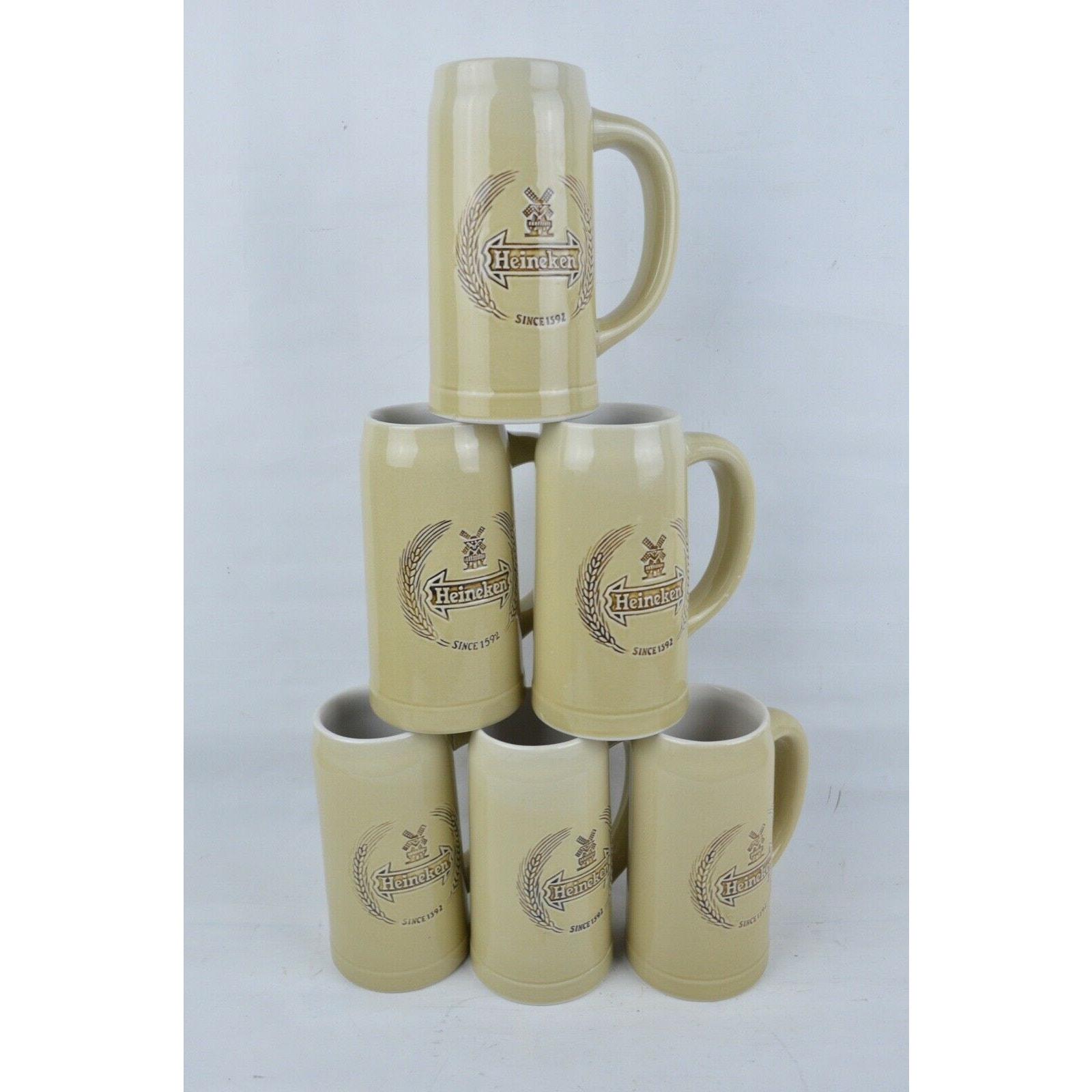 Lot x6 Vintage Heineken Beer Stein Mug Made Brazil Ceramarte Holland Ceramic 6”