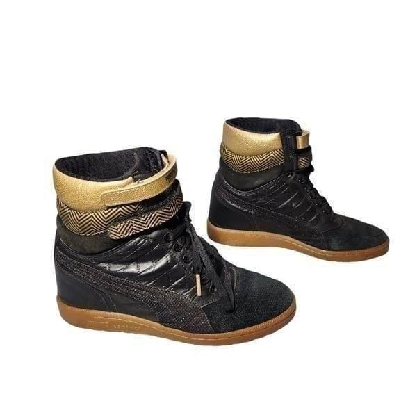 Puma Women's Sky Wedge GC High Shoes Black Gold size 6.5
