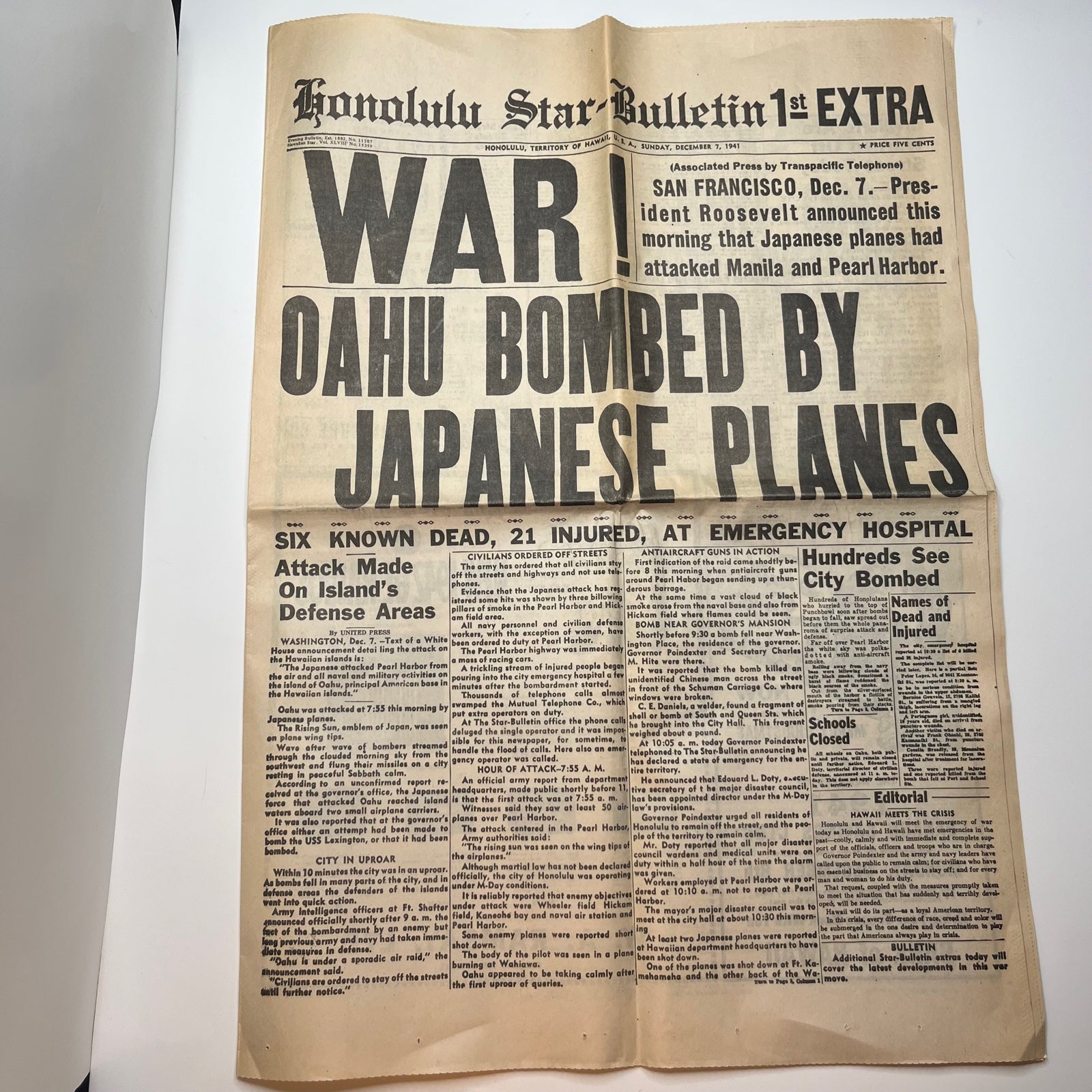 Vintage Pearl Harbor Honolulu Star Reproduction/Reprint Newspaper