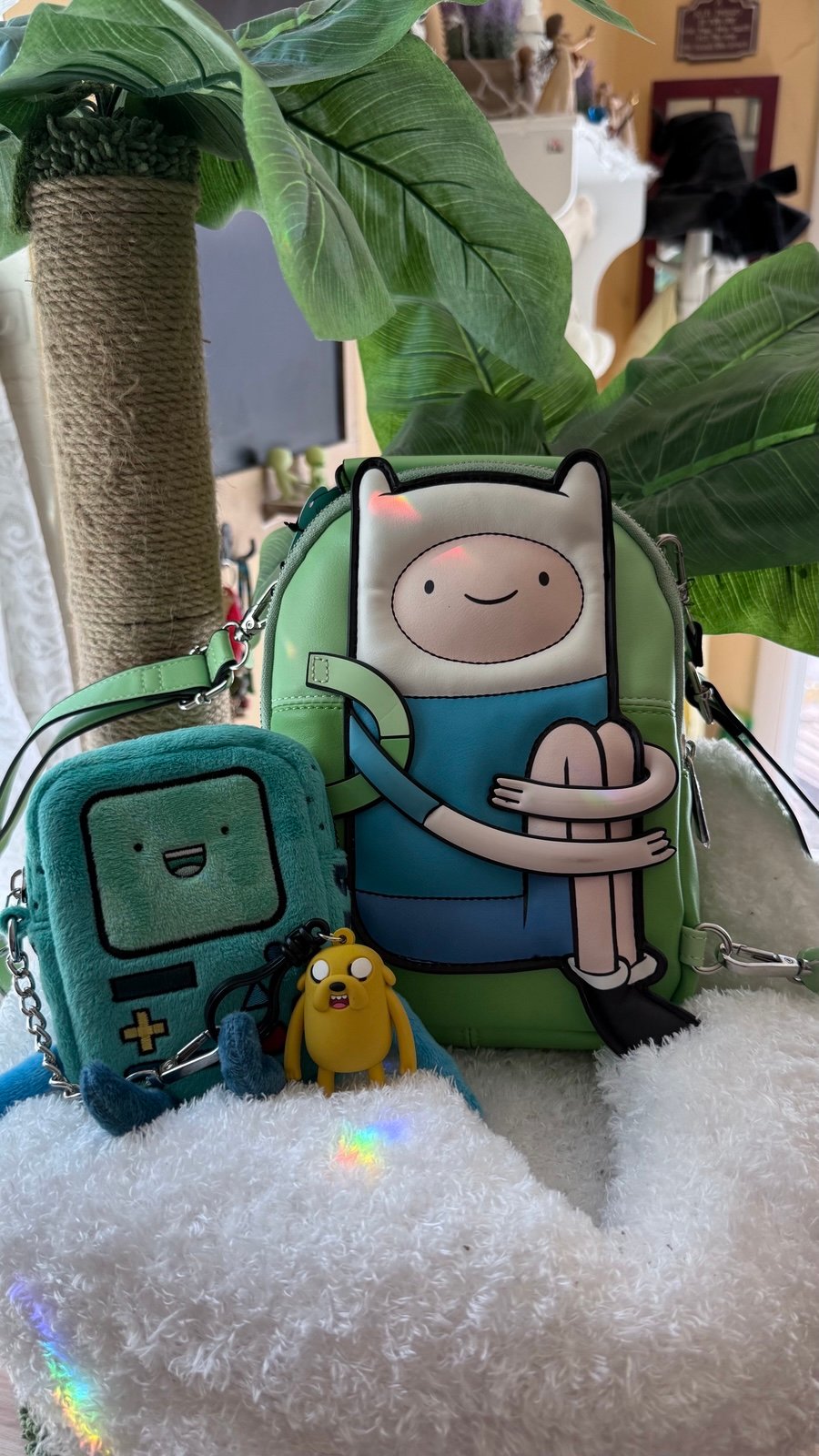 Adventure Time Double Sided Backpack with BMO Zip Plush Purse and Jake.
