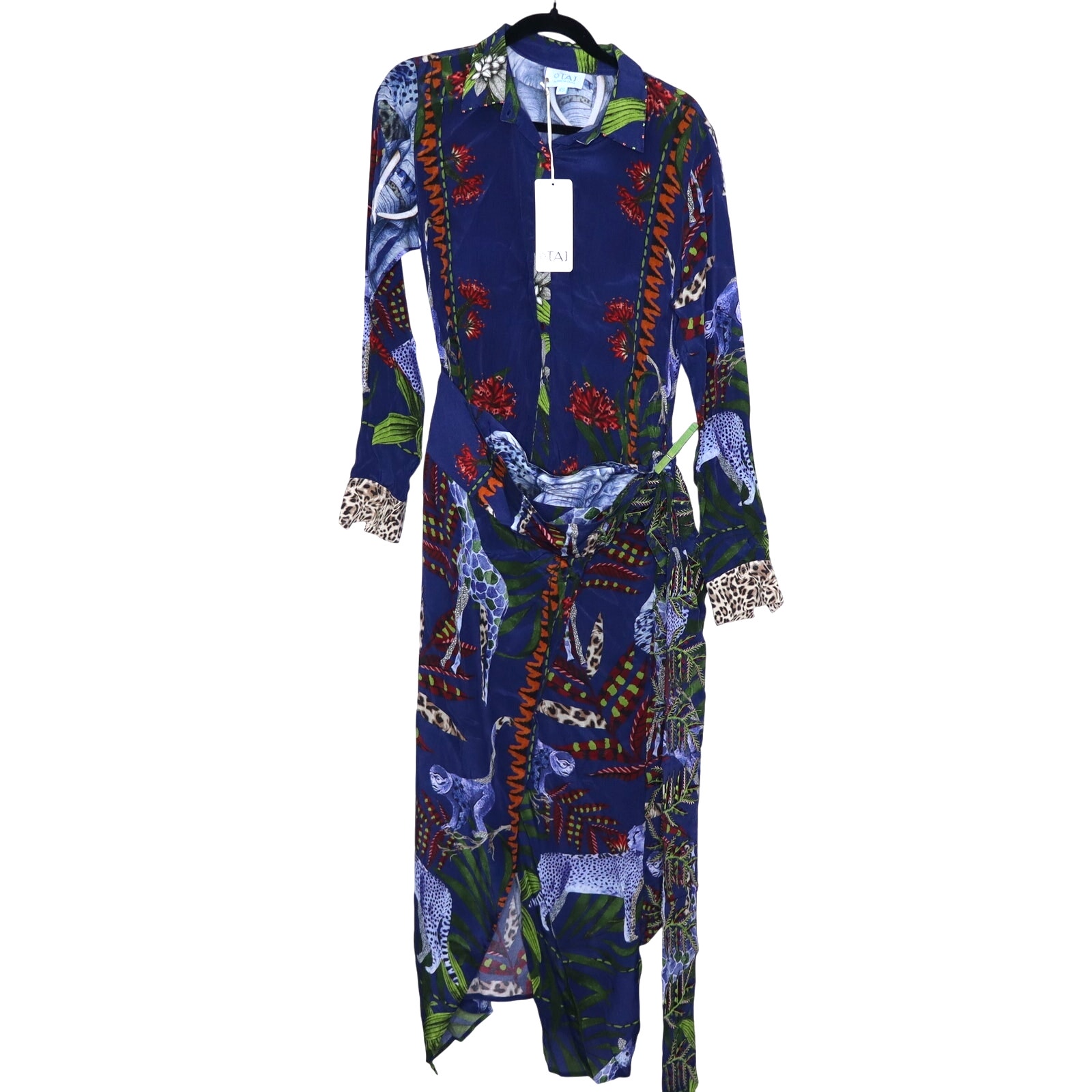 TAJ BY SABRINA Malta Blue Wrap Dress Print Collared Tie Waist Women's XS