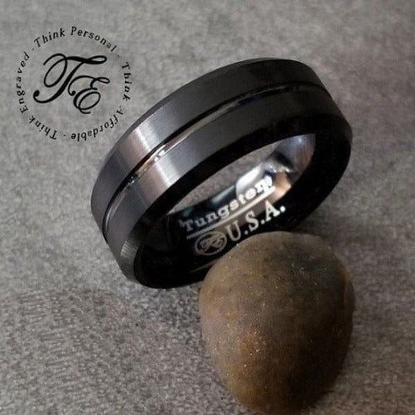 Men's Black Grooved Tungsten Wedding Ring Band - Wedding Ring For Guys Size 14