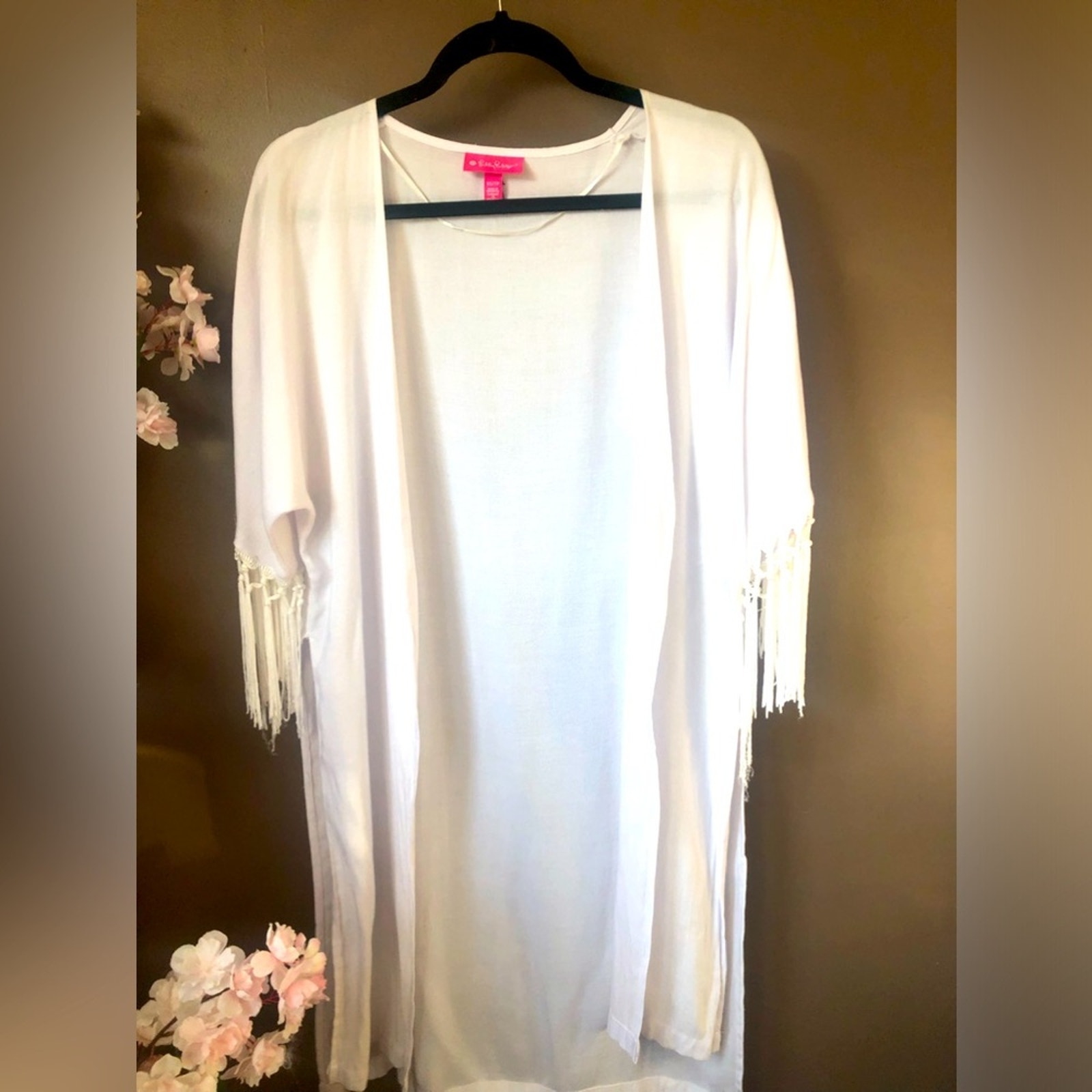 Lilly Pulitzer top fringe short sleeve cardigan cover up.