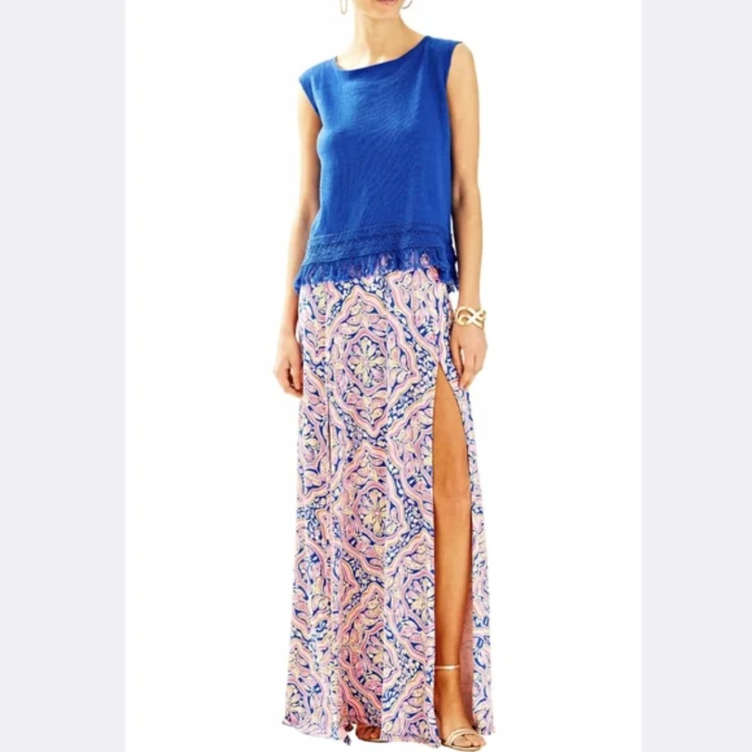 Lilly Pulitzer Ersi Can't Resist Maxi Skirt with Slits, Pink/Blue, Size S