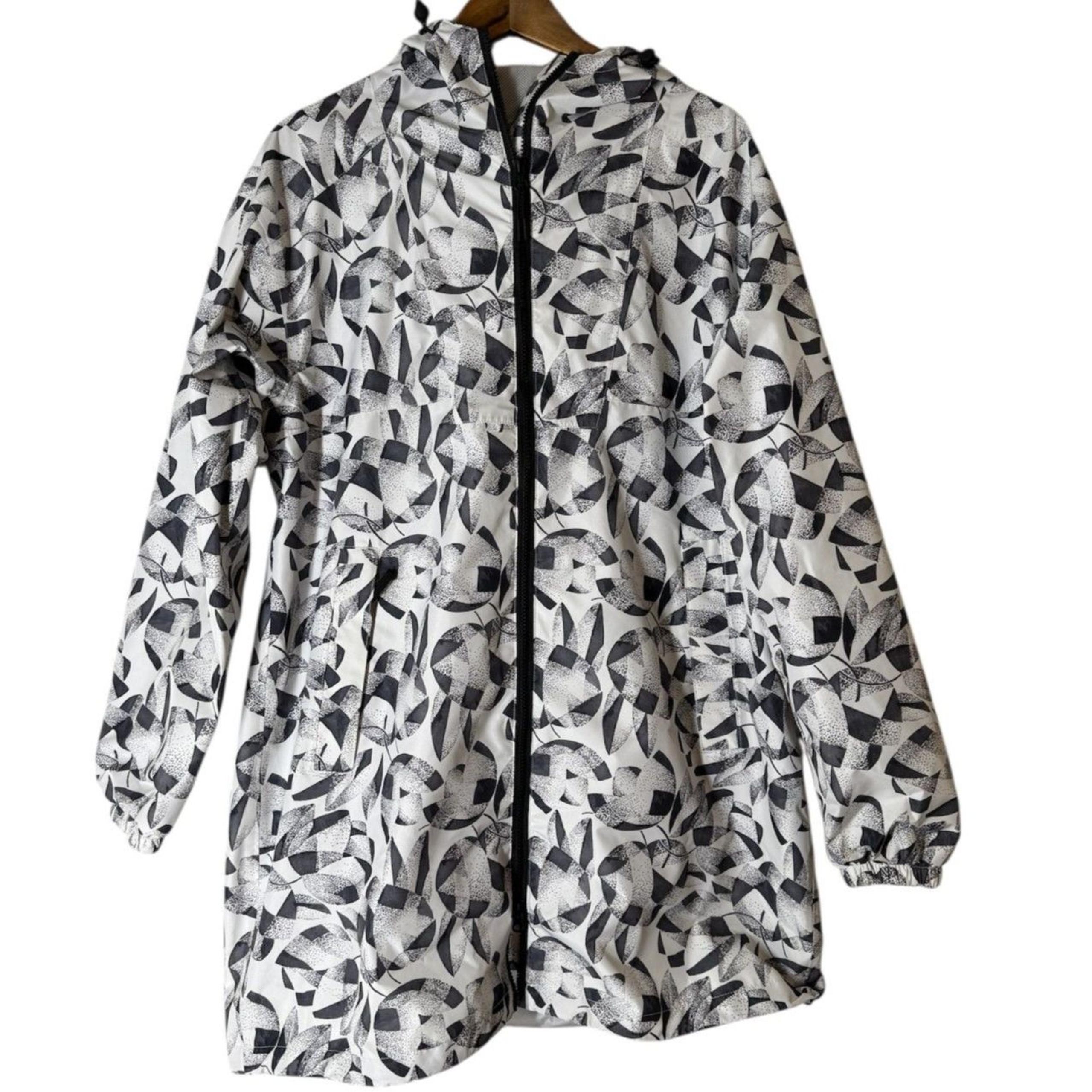 Helly Hansen Gray White Geometric Longline Rain Coat Womens Sz L Water Resistant