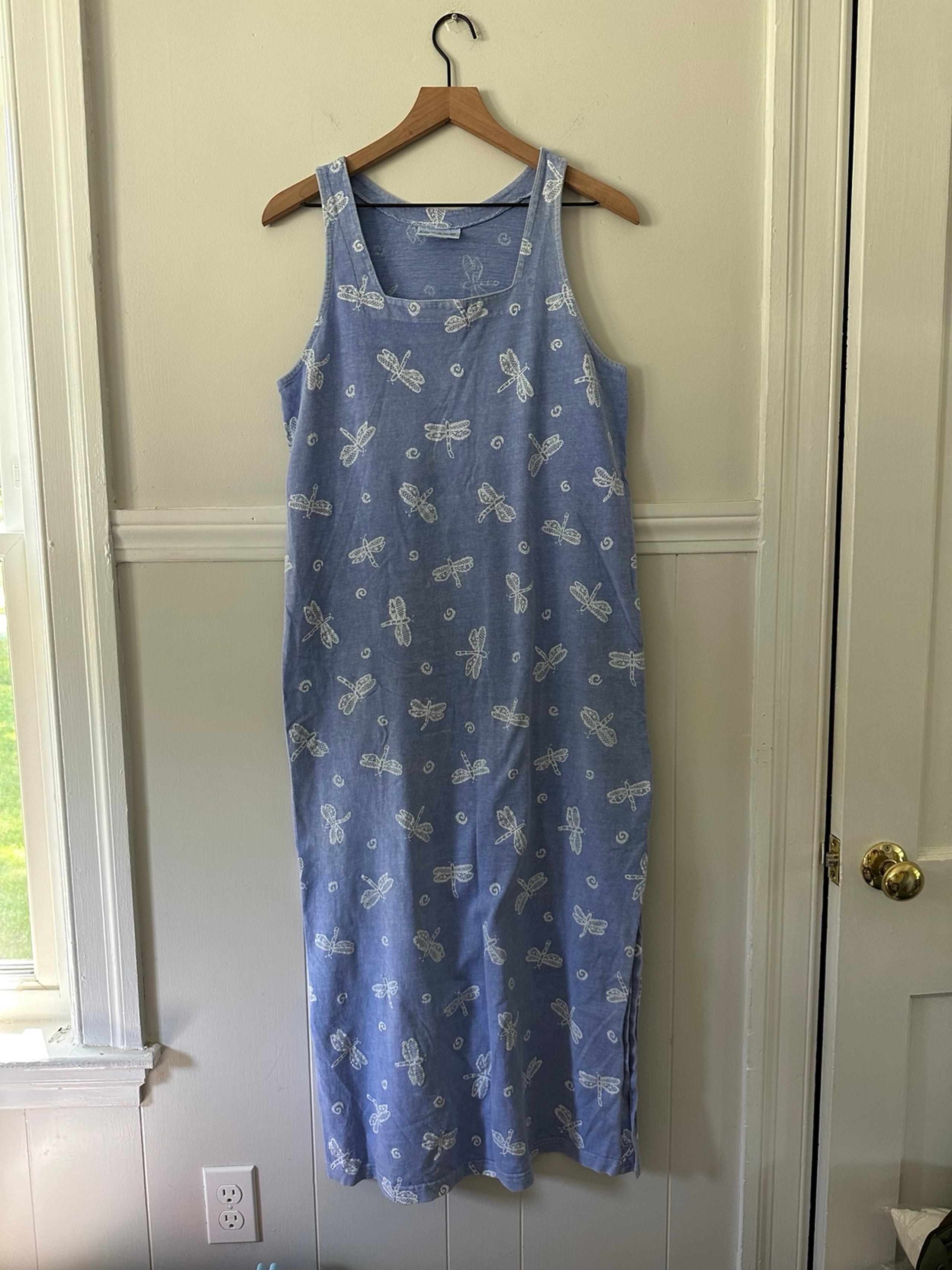Vintage 90s Garment Dyed Cotton Block Print Midi Dress Square Neck Large