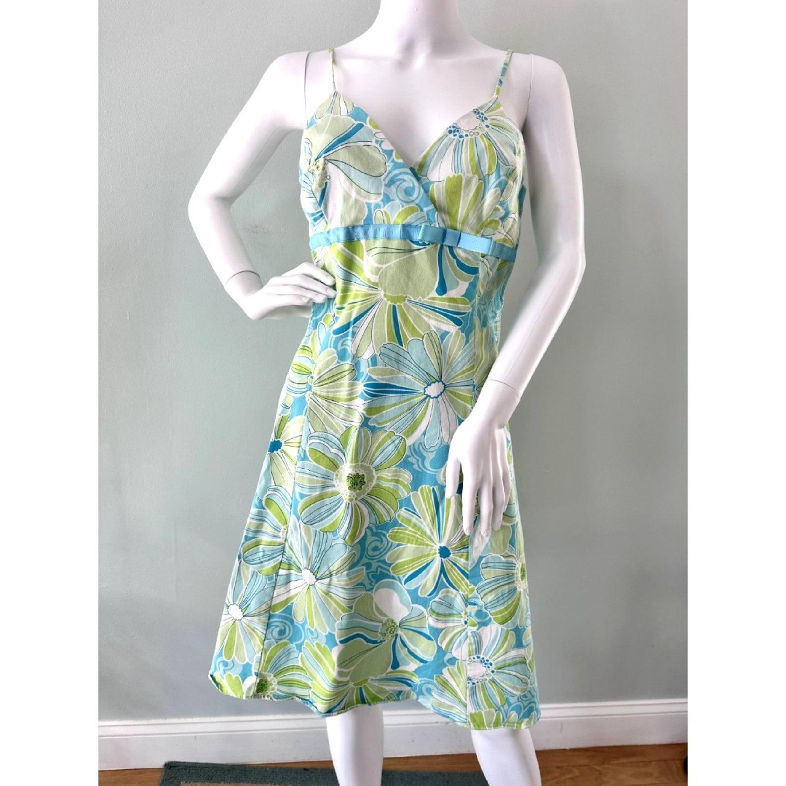 Vintage Y2K Floral Slip Dress Blue Green White Spaghetti Strap A-Line Size 15/16