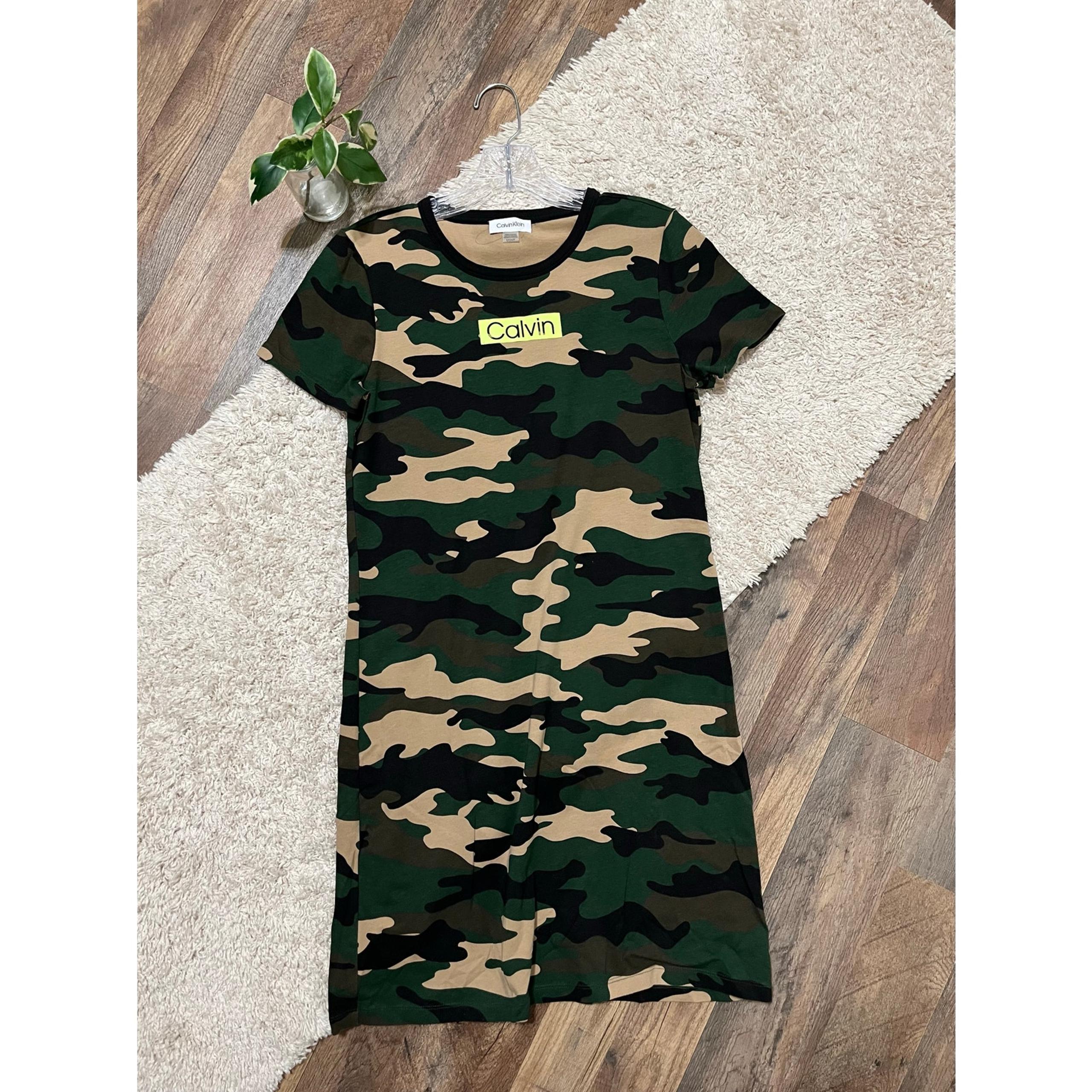 Calvin Klein Size Small Camo Neon Logo T-Shirt Mini Dress