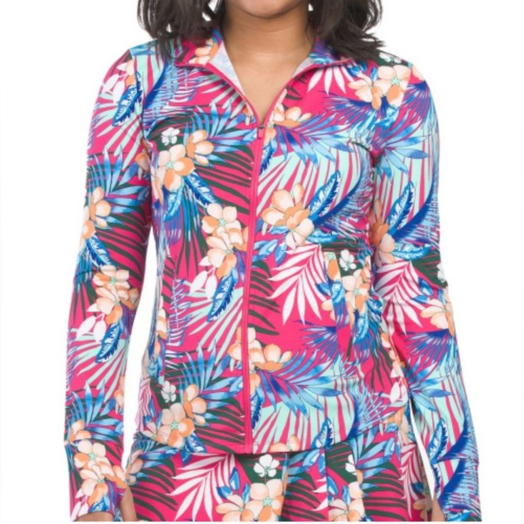 Tommy Bahama Golf & Tennis Small Floral Tropical Full Zip Thumbholes Jacket