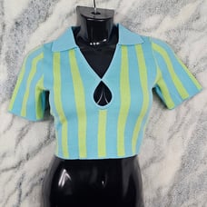 Keyhole Stripe Knit Polo Crop Top XS Blue Green Organic Cotton Sustainable NWT