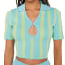 Keyhole Stripe Knit Polo Crop Top XS Blue Green Organic Cotton Sustainable NWT